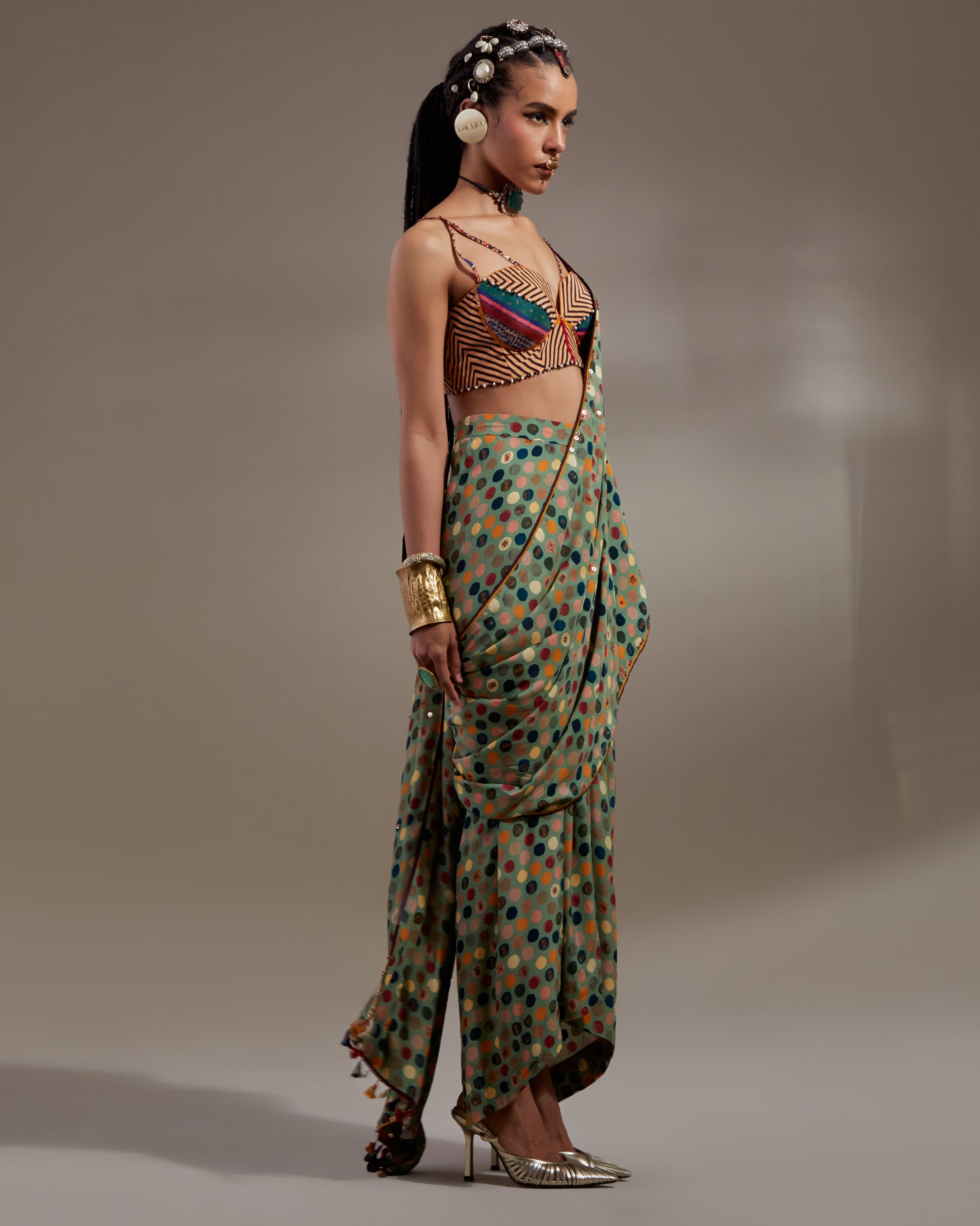 Multi Soma Draped Sari With Bralette Set