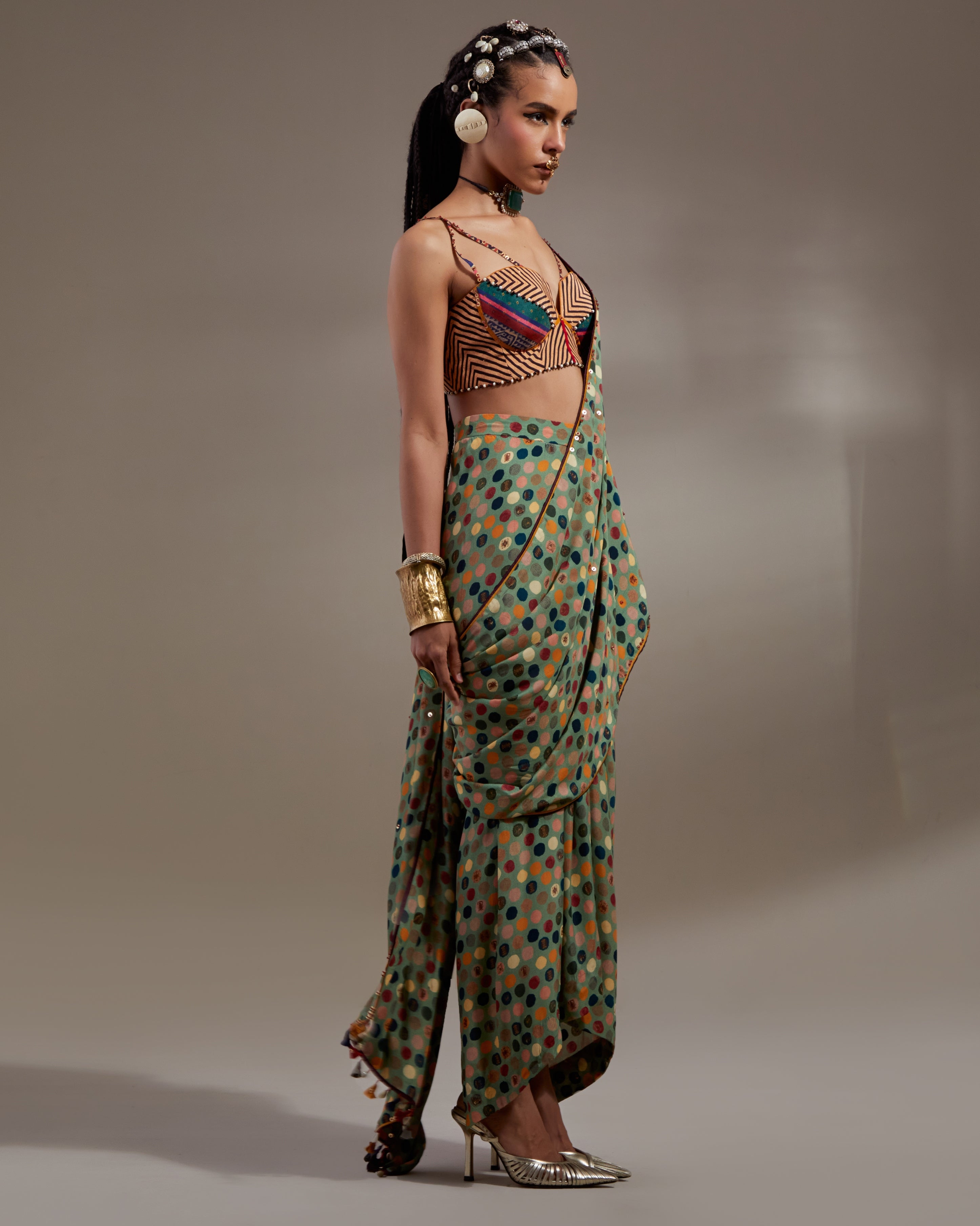 Multi Soma Draped Sari With Bralette Set