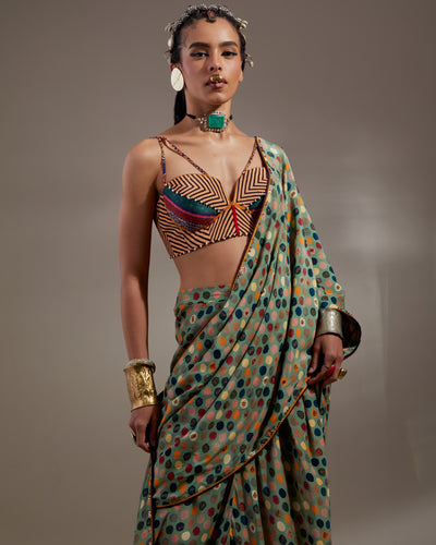 Multi Soma Draped Sari With Bralette Set