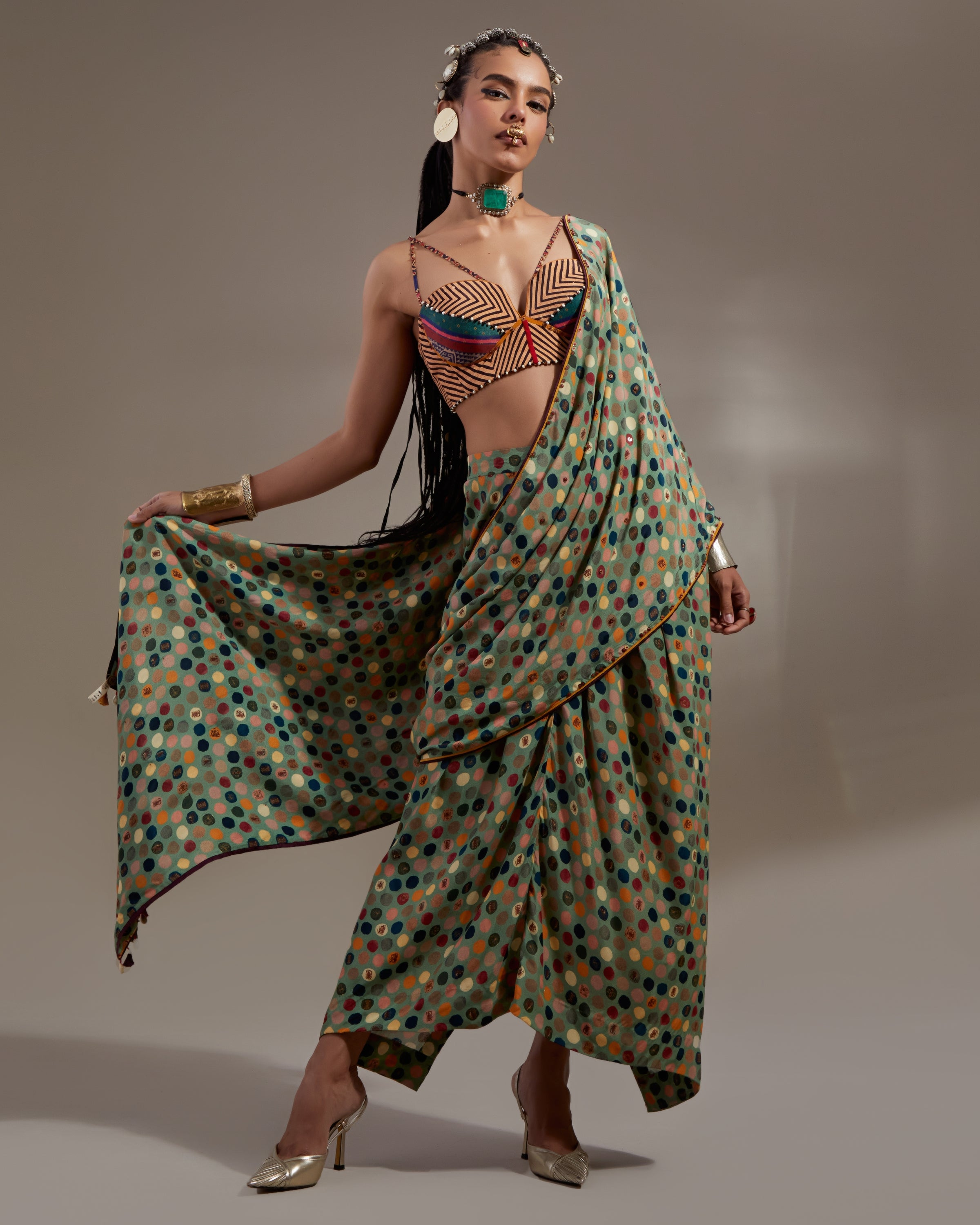 Multi Soma Draped Sari With Bralette Set