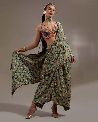 Multi Soma Draped Sari With Bralette Set