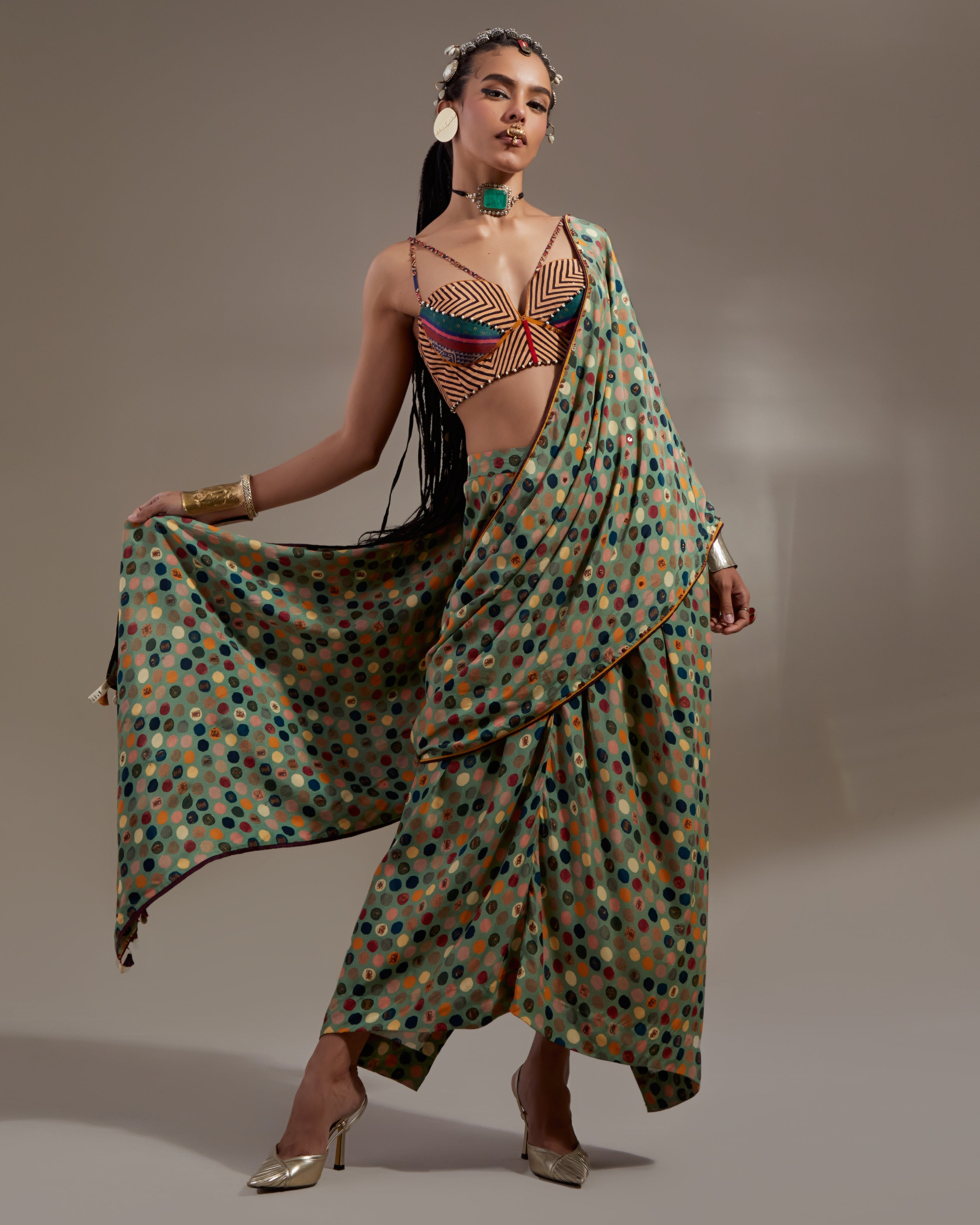 Multi Soma Draped Sari With Bralette Set
