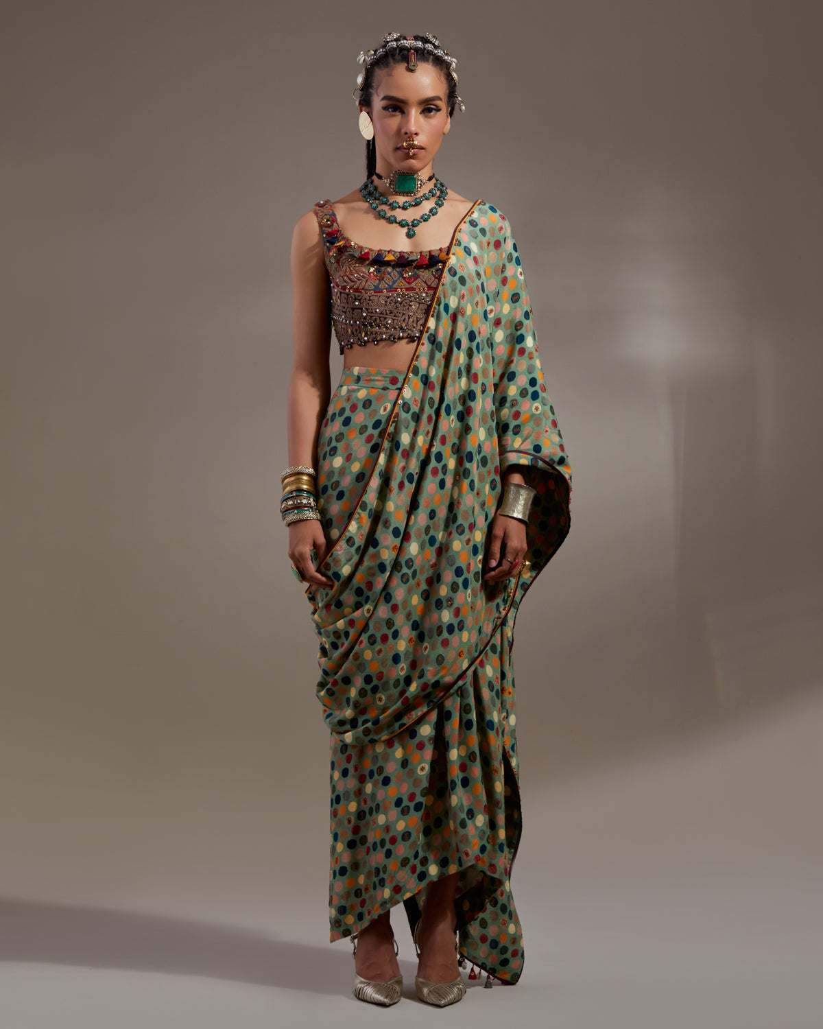 Multi Soma Draped Sari Set