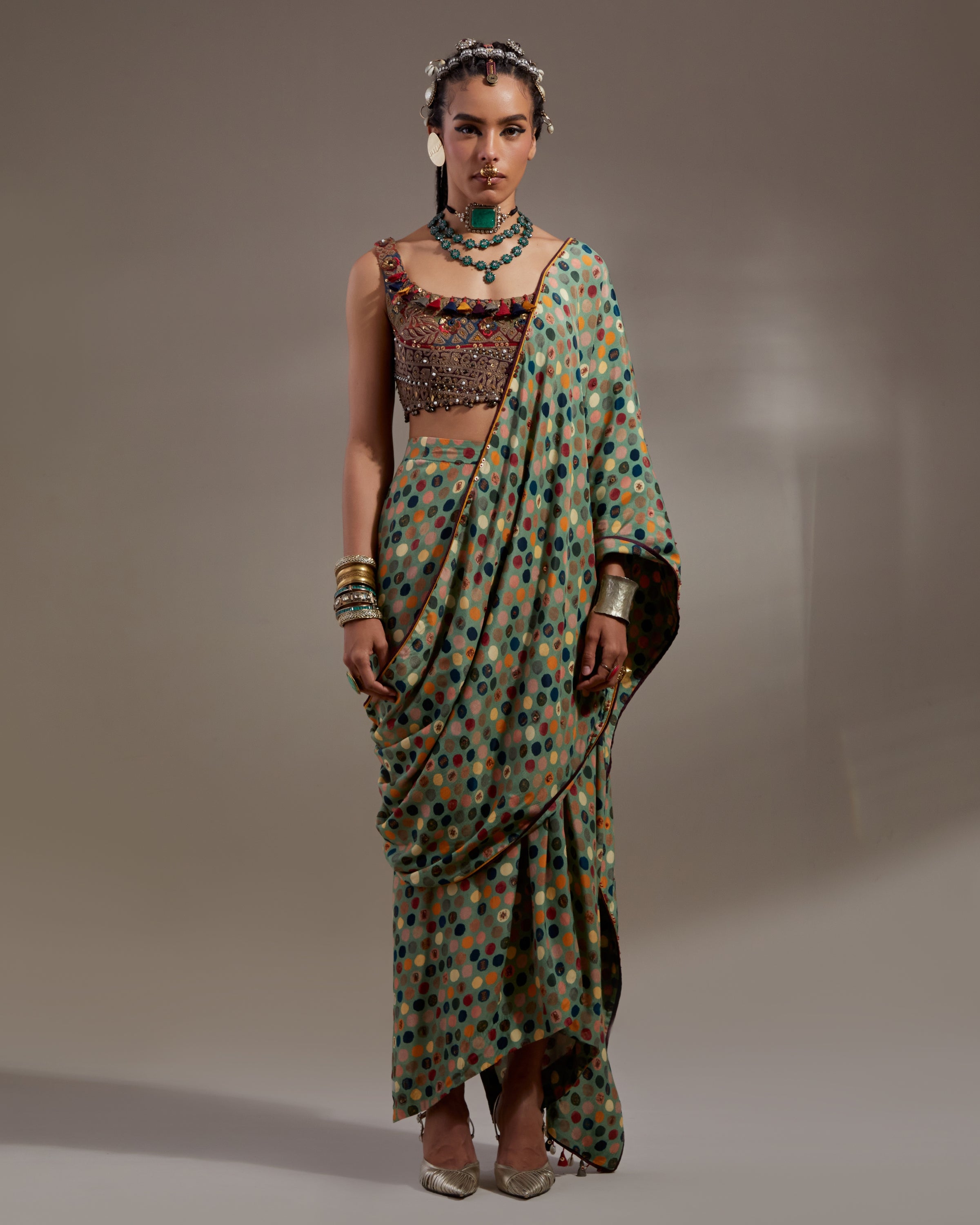 Multi Soma Draped Sari Set