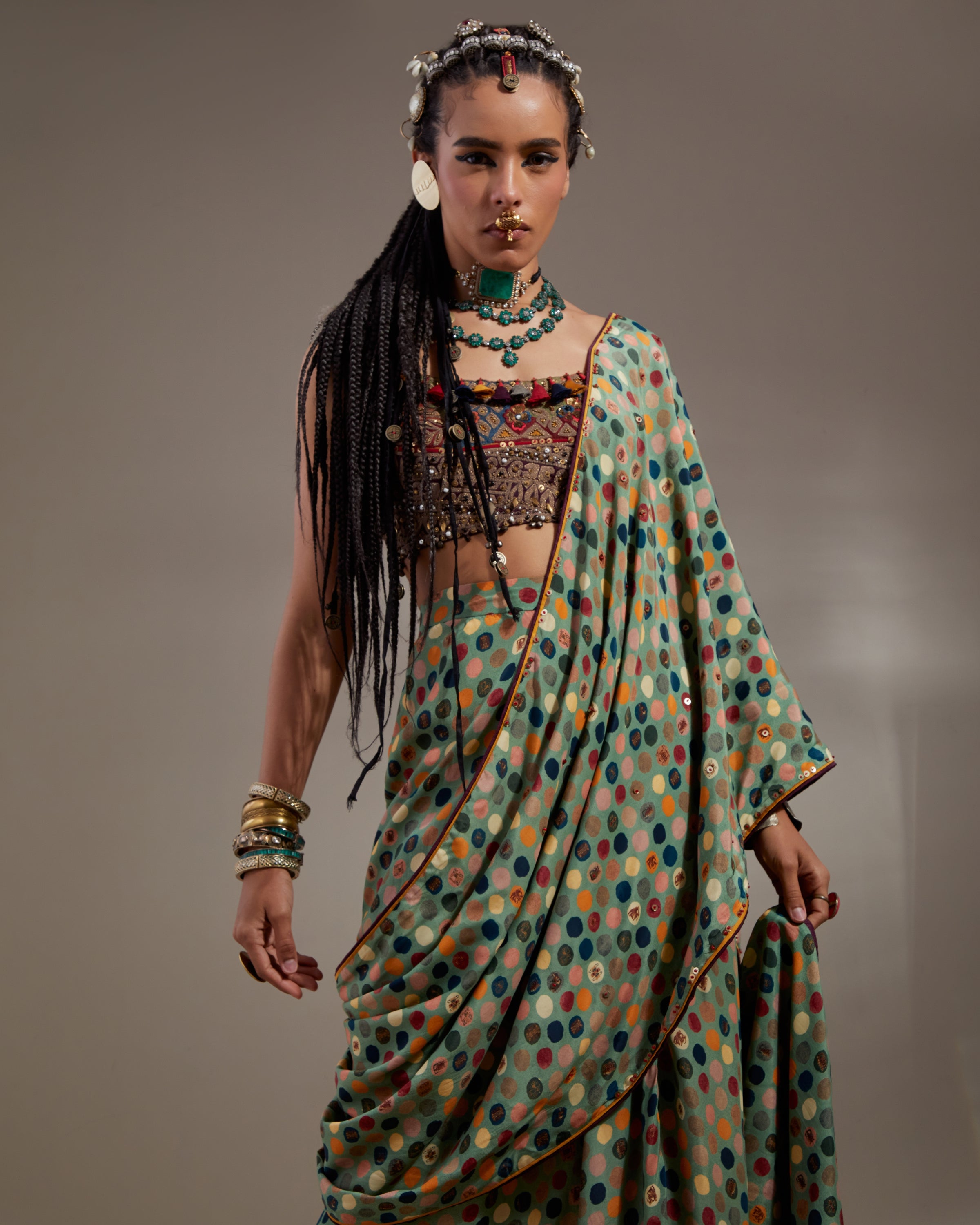 Multi Soma Draped Sari Set