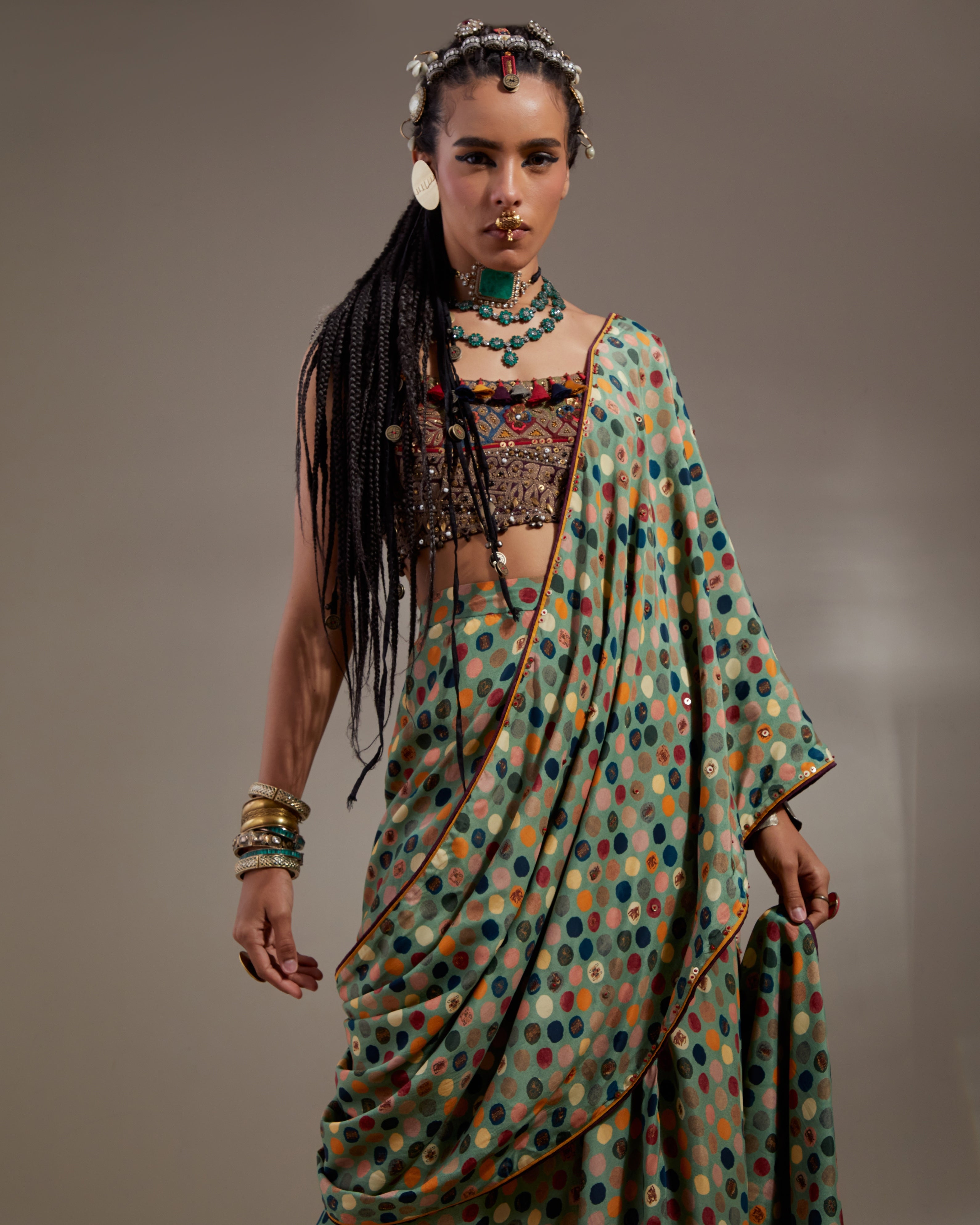 Multi Soma Draped Sari Set