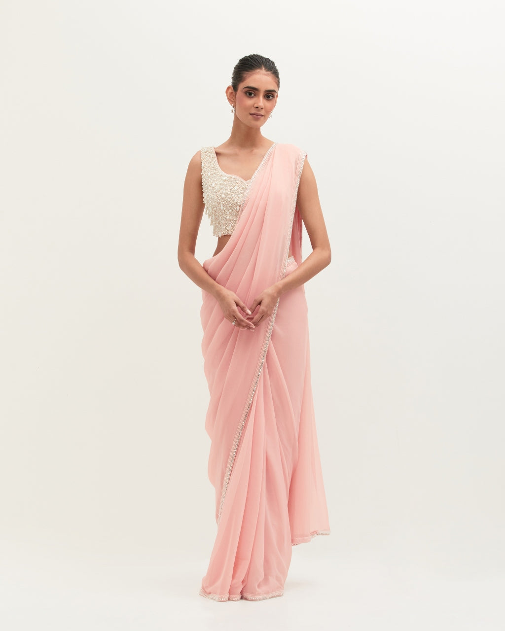 Pink Pearls And Crystal Sari Set