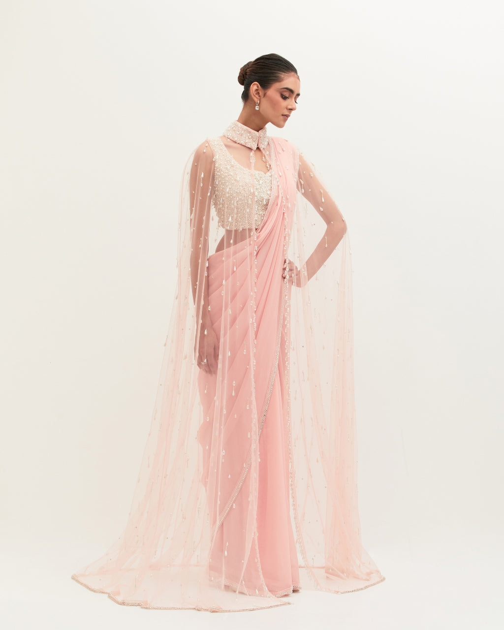 Pink Pearls And Crystal Sari Set