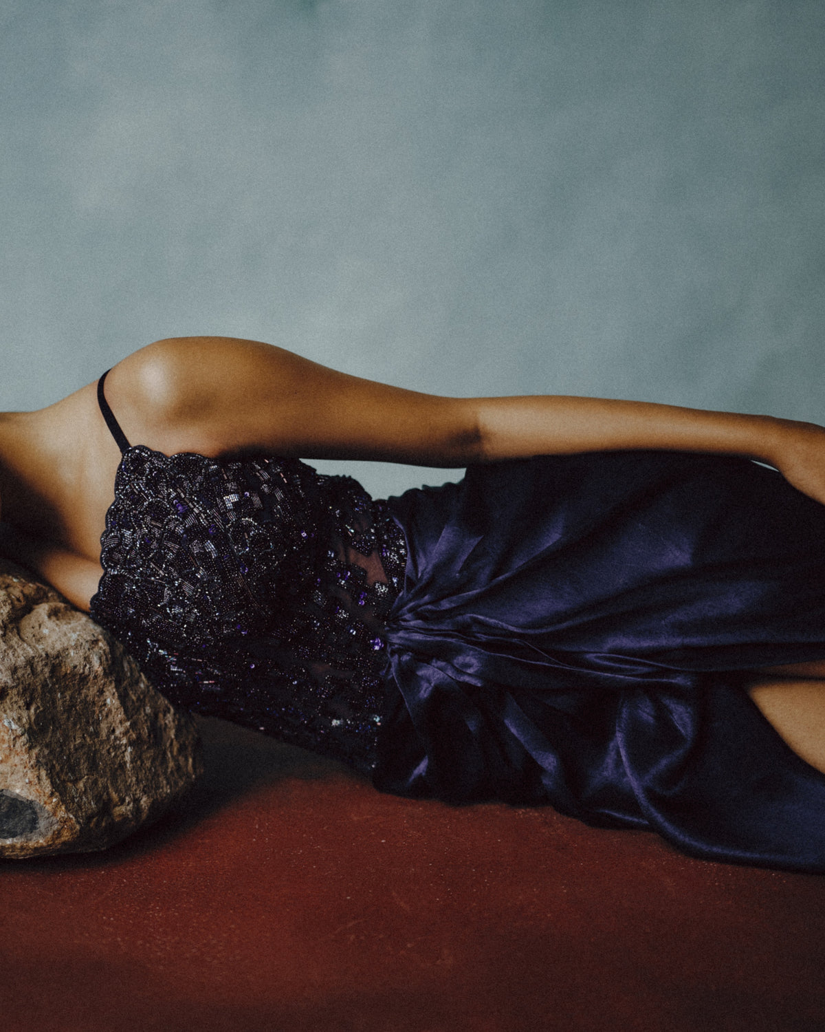 Luna Noir Beaded Slit Gown