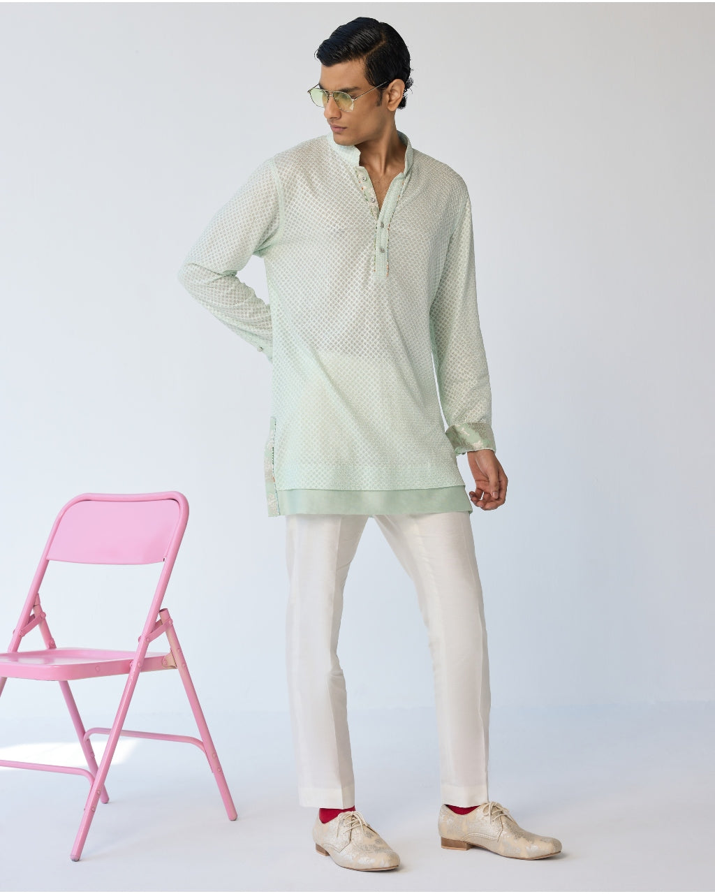 Mint Henley Kurta Set with Square Embroidery