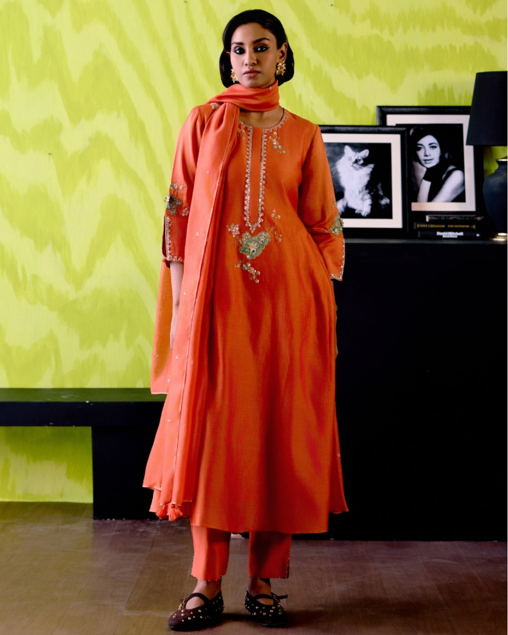 Rust Orange Side Panelled A-Line Kurta Set