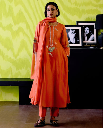 Rust Orange Side Panelled A-Line Kurta Set