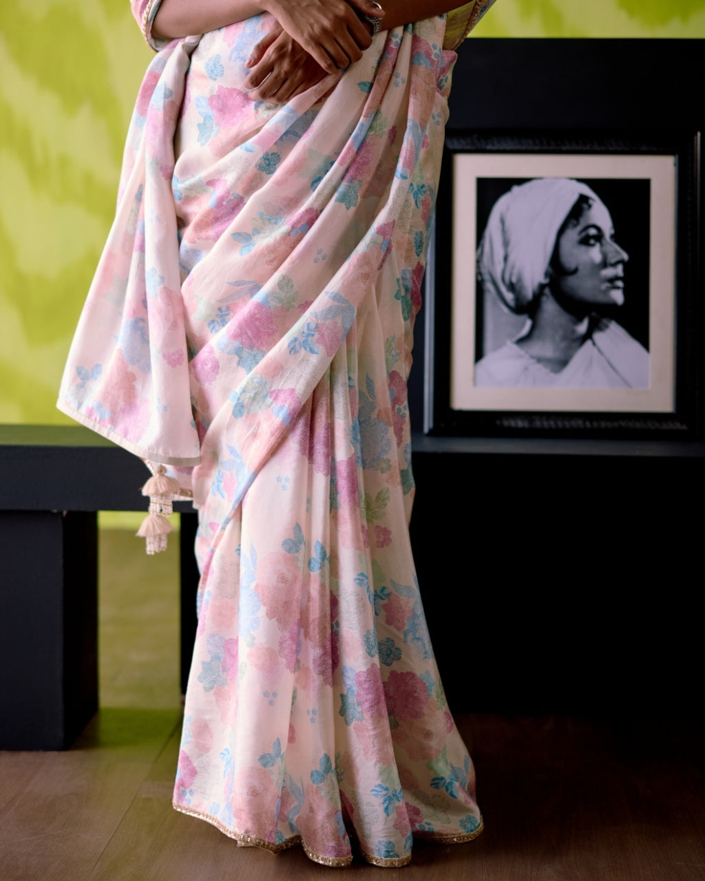Ivory Floral Print Sari With Blouse Set