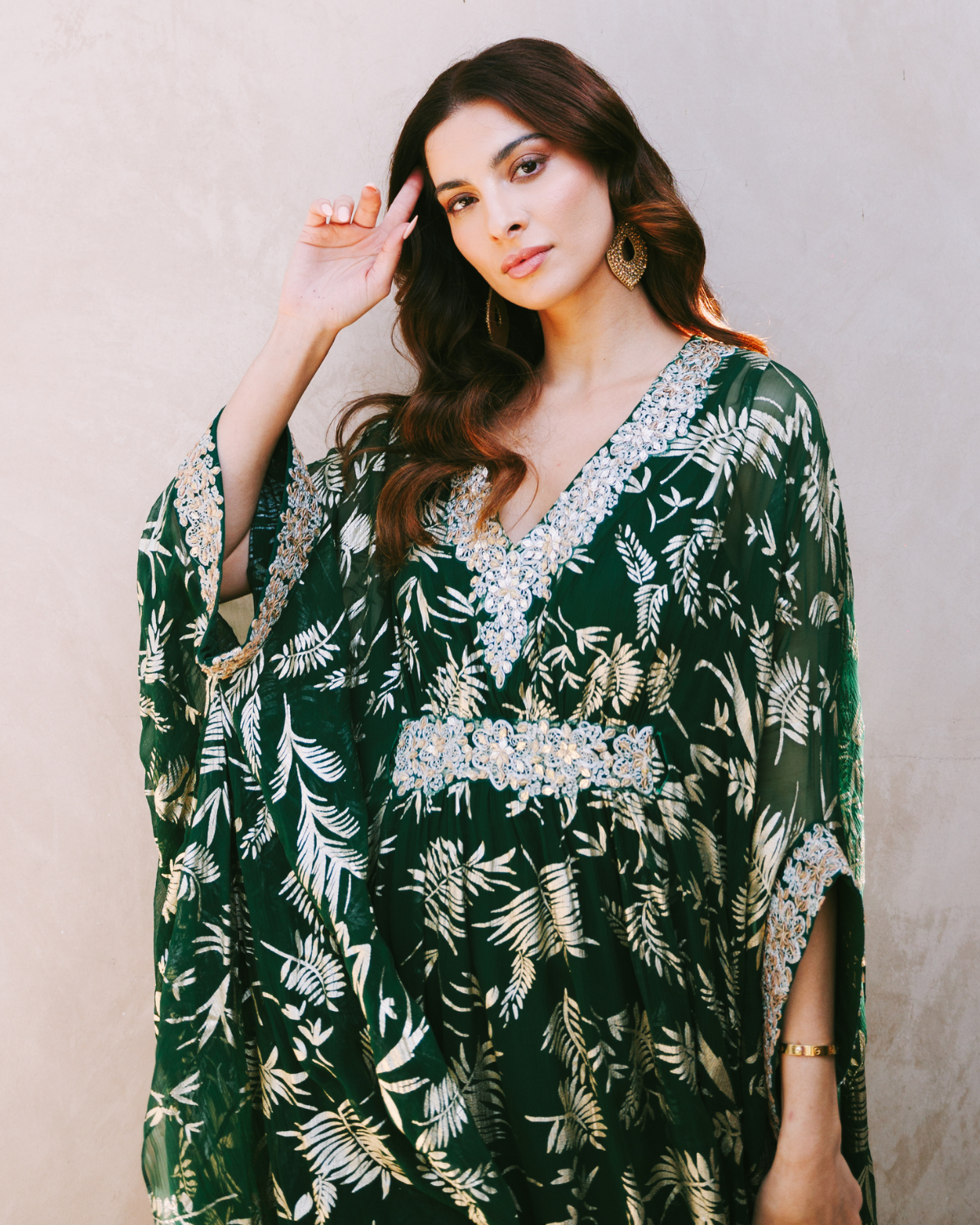 Emerald Green Chiffon and Gold Foil Indian Kaftan | KYNAH USA XS / 58 Emerald Green Chiffon and Gold Foil Indian Kaftan | KYNAH USA XS / 58