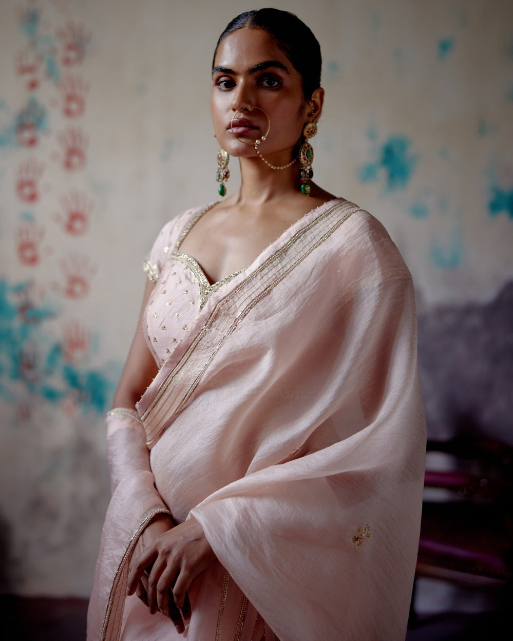 Soft Peach Half N Half Sari With Mega Sleeve Blouse