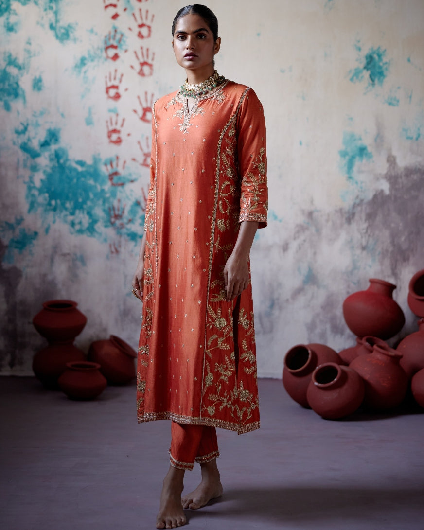 Rust Orange Panelled Straight Kurta Set