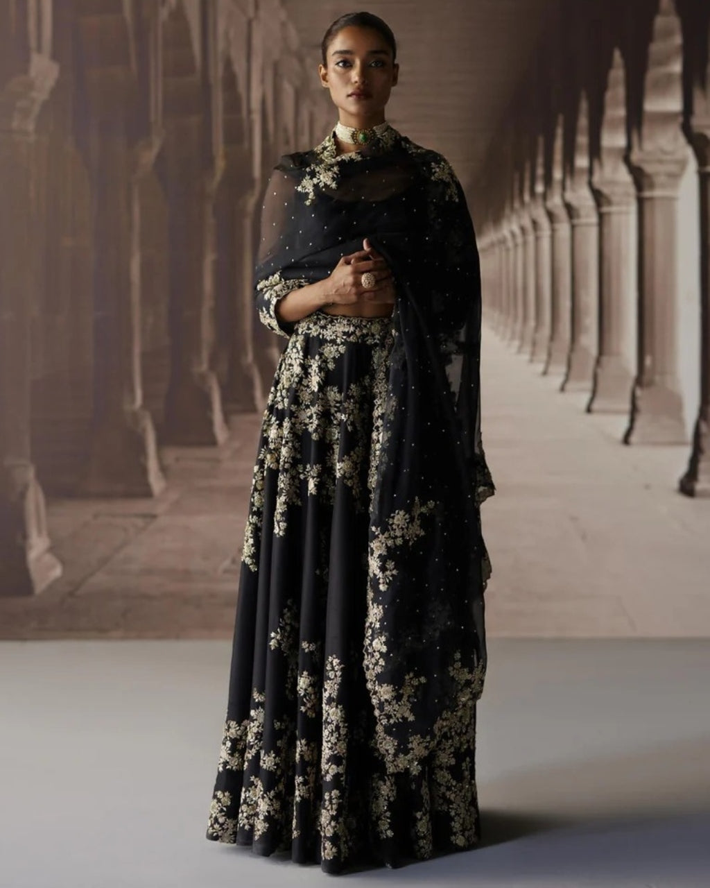 Black Sharara & Cape With Ivory Threadwork