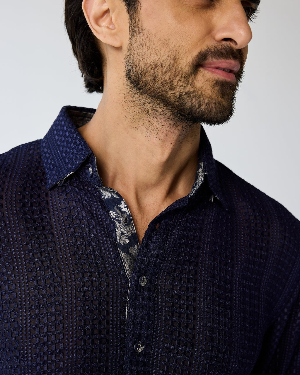 Navy Chessboard Henley Kurta Set