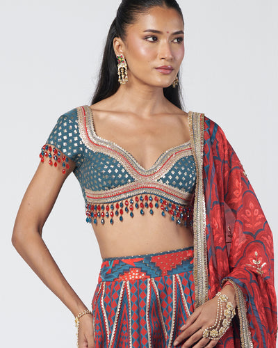 Tabasco Red Leher Lehenga Set