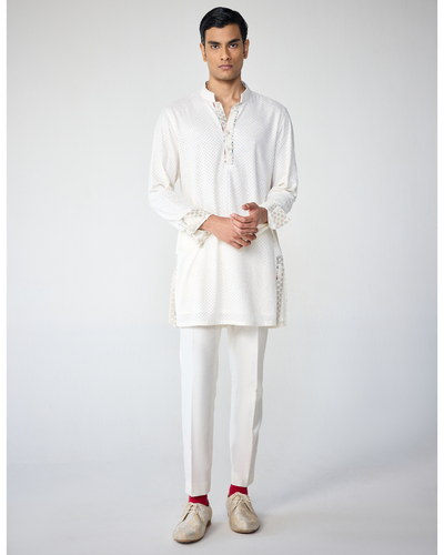 White Henley Shirt Kurta Set with Square Embroidery