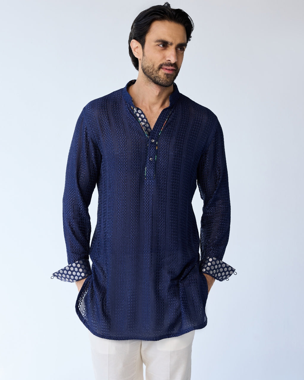 Blue Chessboard Henley Kurta Set
