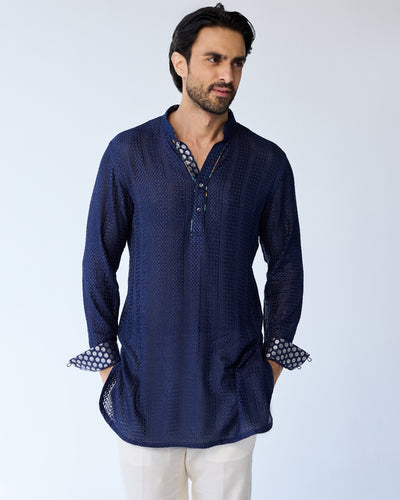 Blue Chessboard Henley Kurta Set