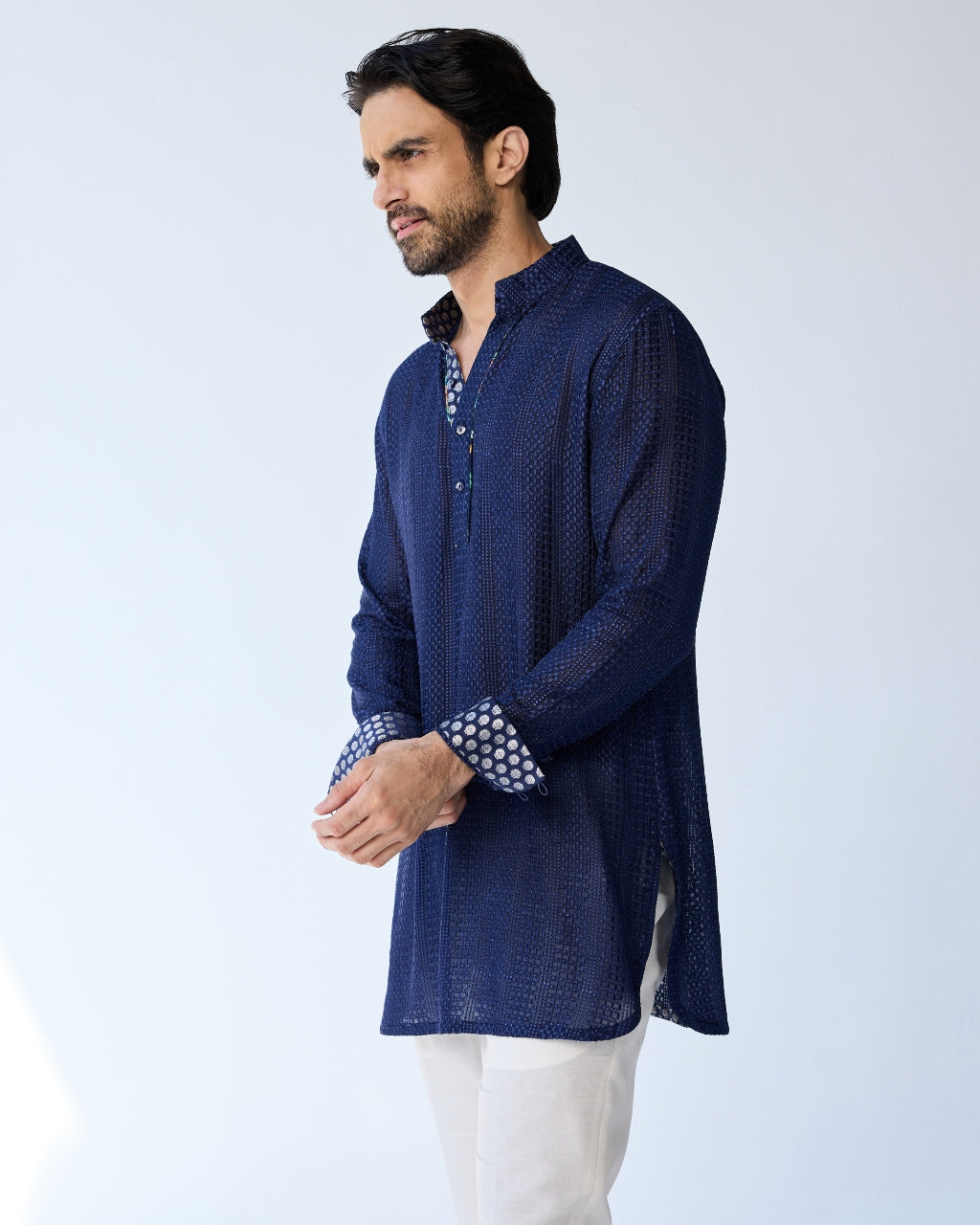 Blue Chessboard Henley Kurta Set