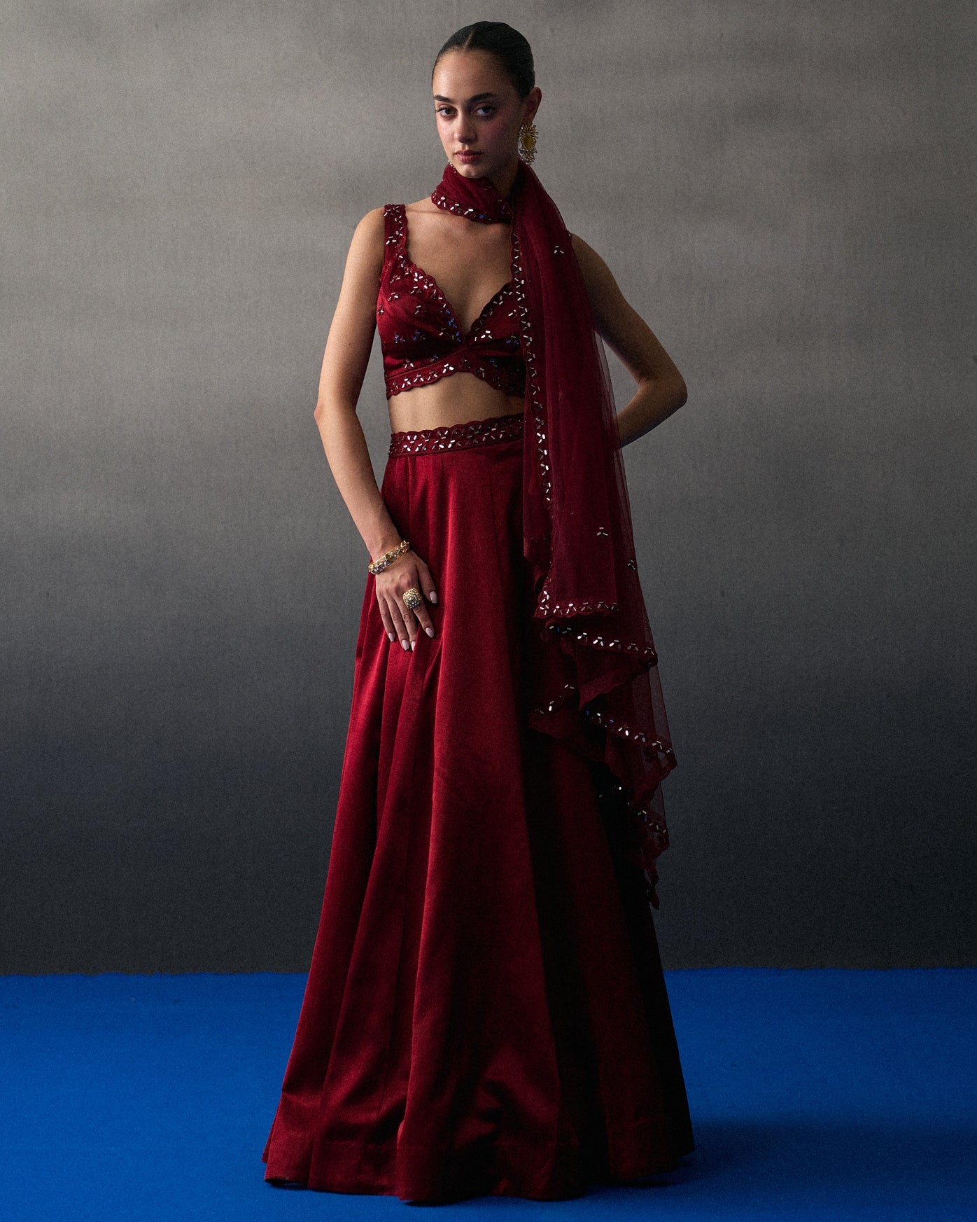 Maroon Satin Silk Skirt Set