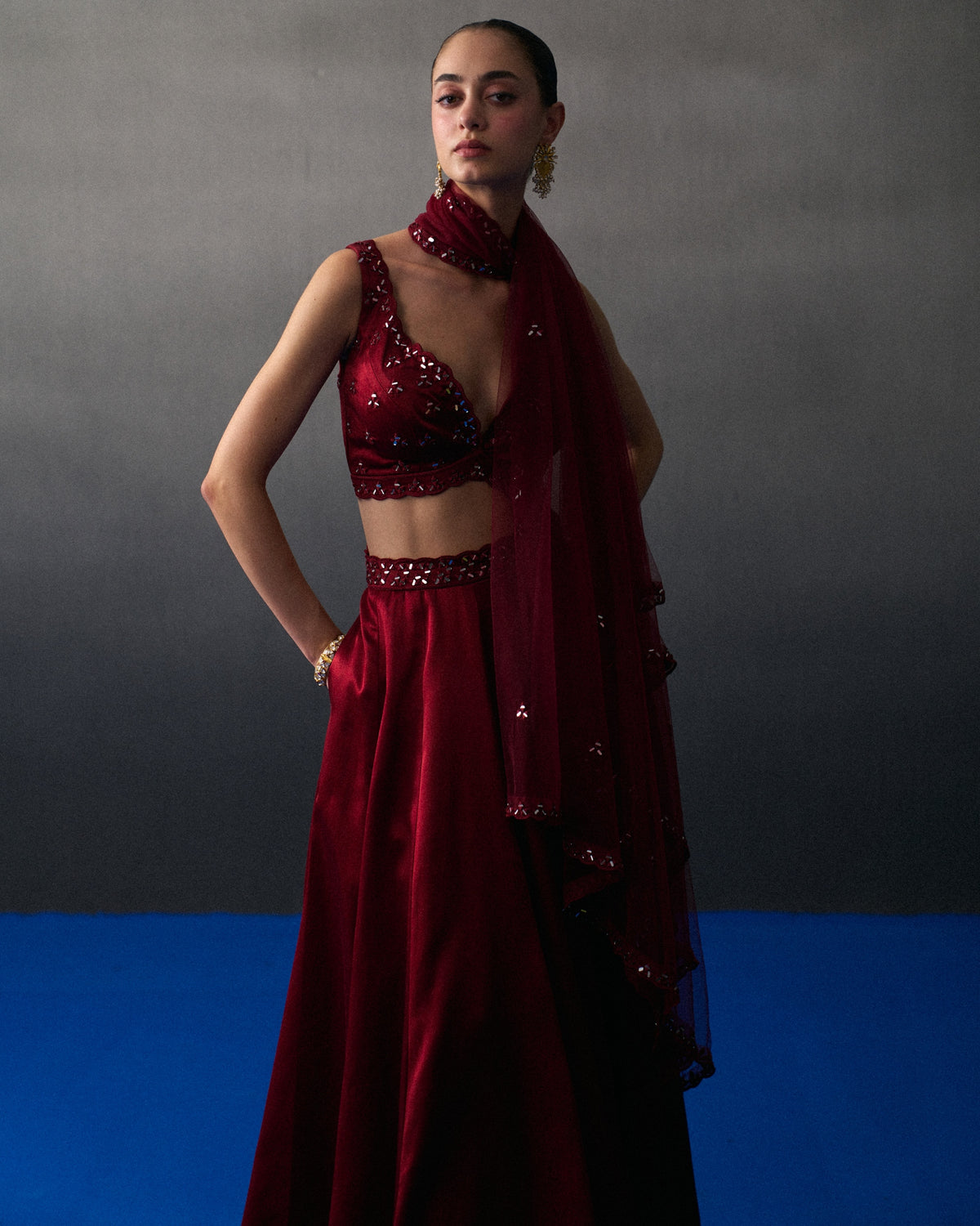 Maroon Satin Silk Skirt Set