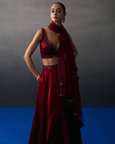 Maroon Satin Silk Skirt Set