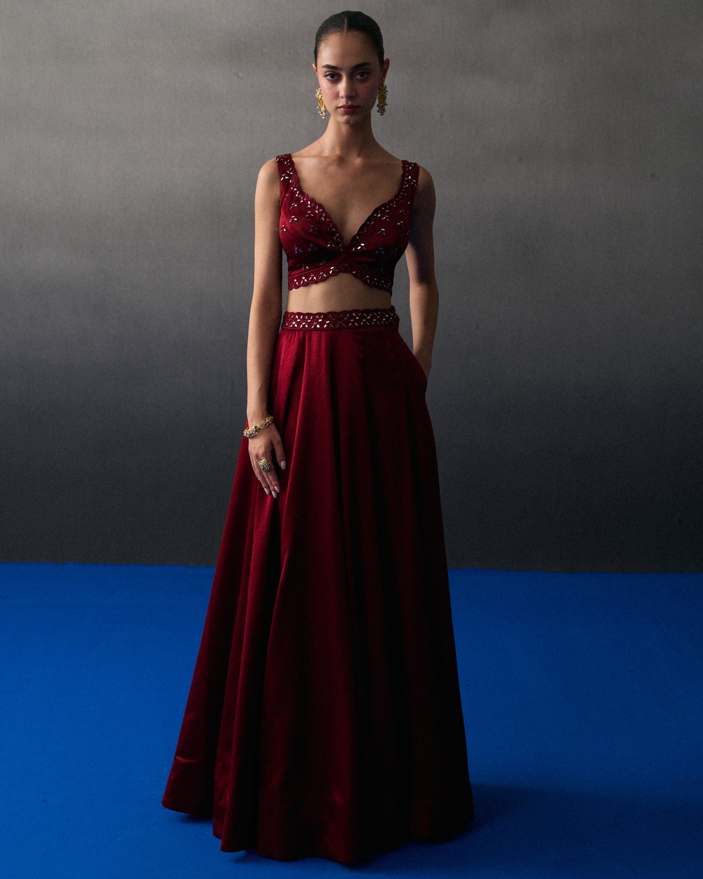 Maroon Satin Silk Skirt Set