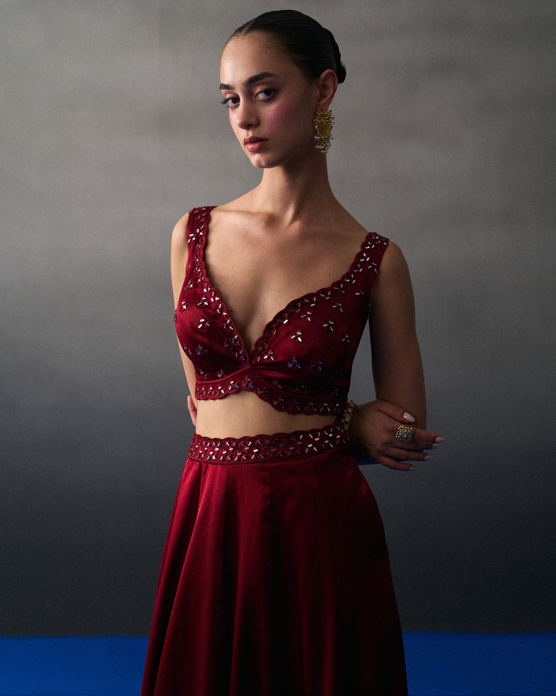 Maroon Satin Silk Skirt Set