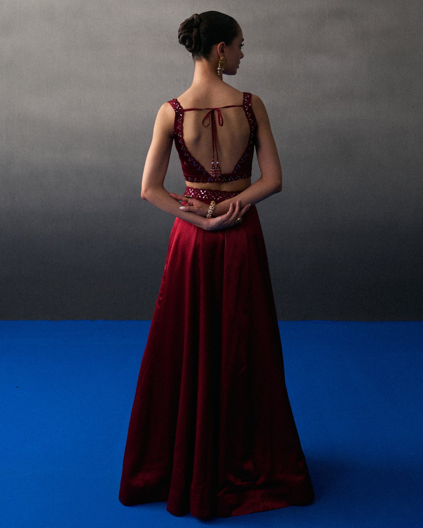 Maroon Satin Silk Skirt Set