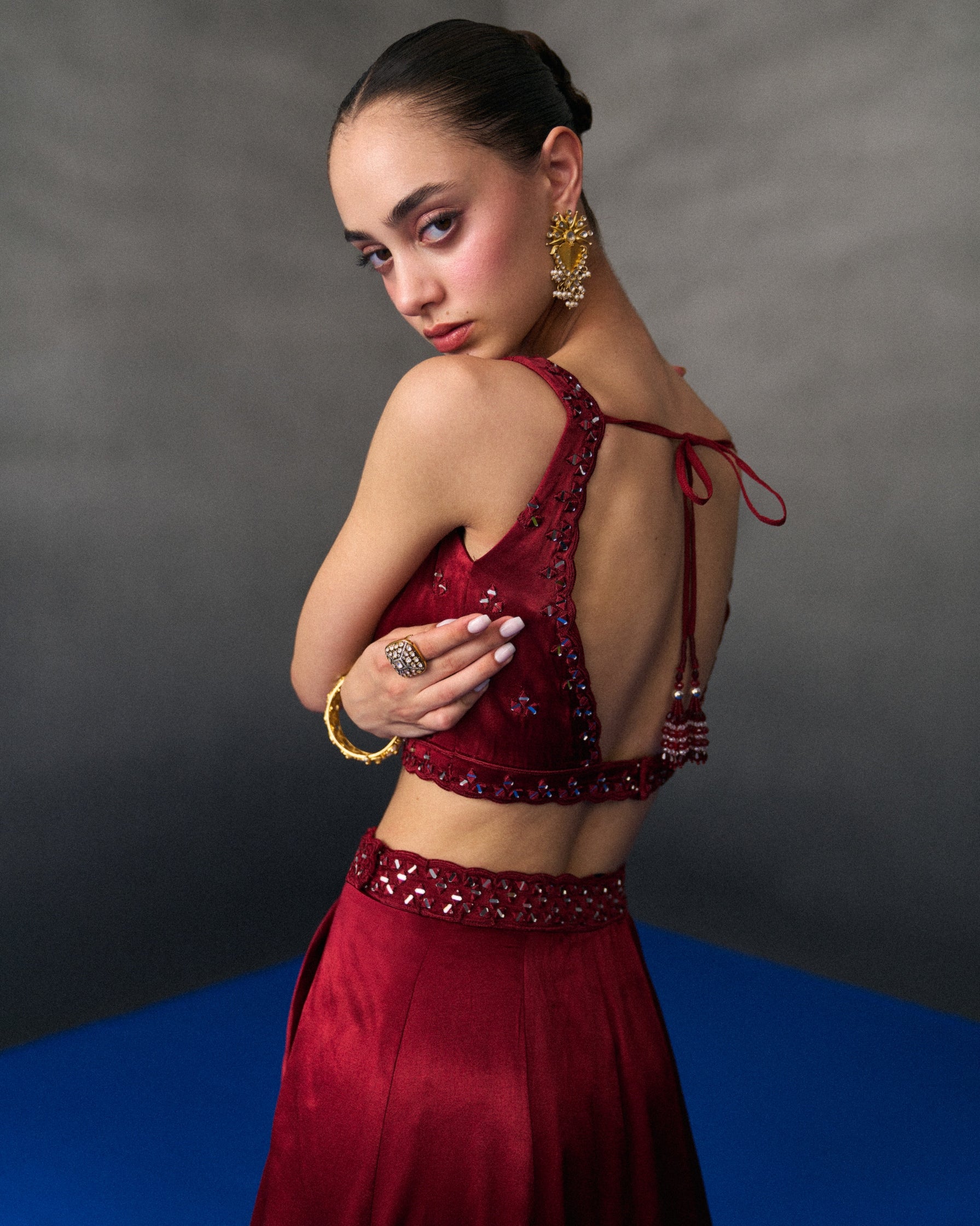 Maroon Satin Silk Skirt Set