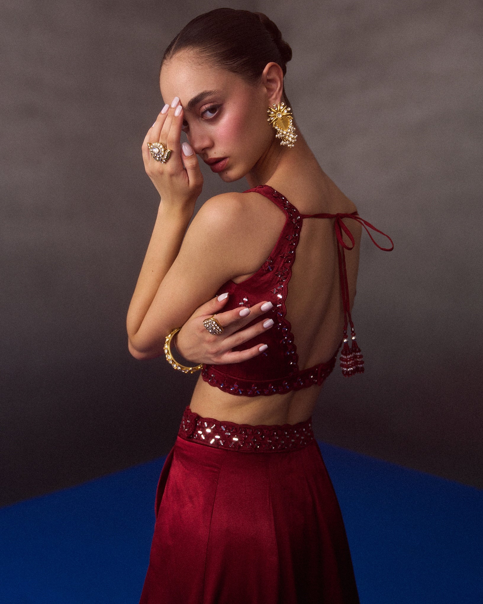 Maroon Satin Silk Skirt Set