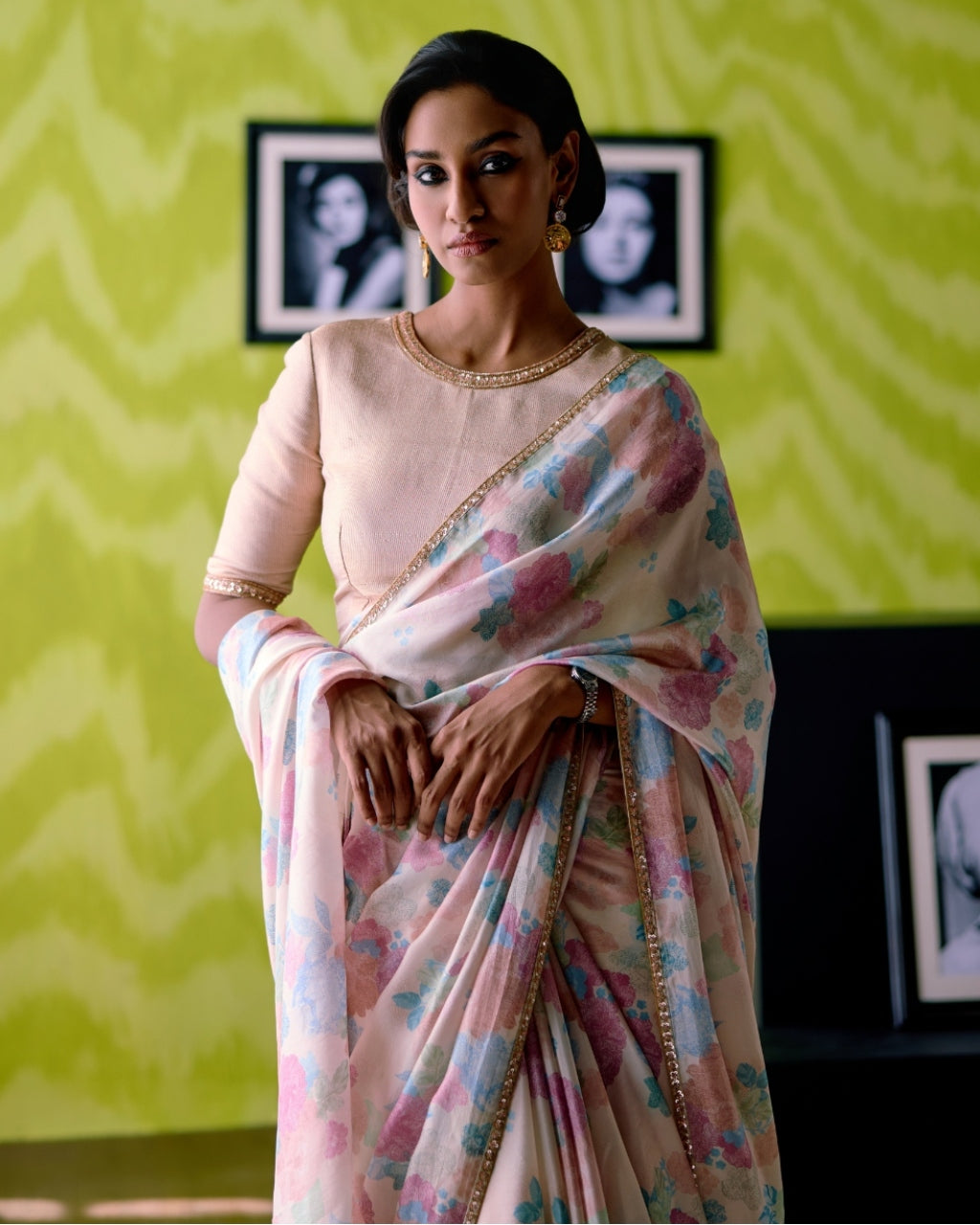 Ivory Floral Print Sari With Blouse Set