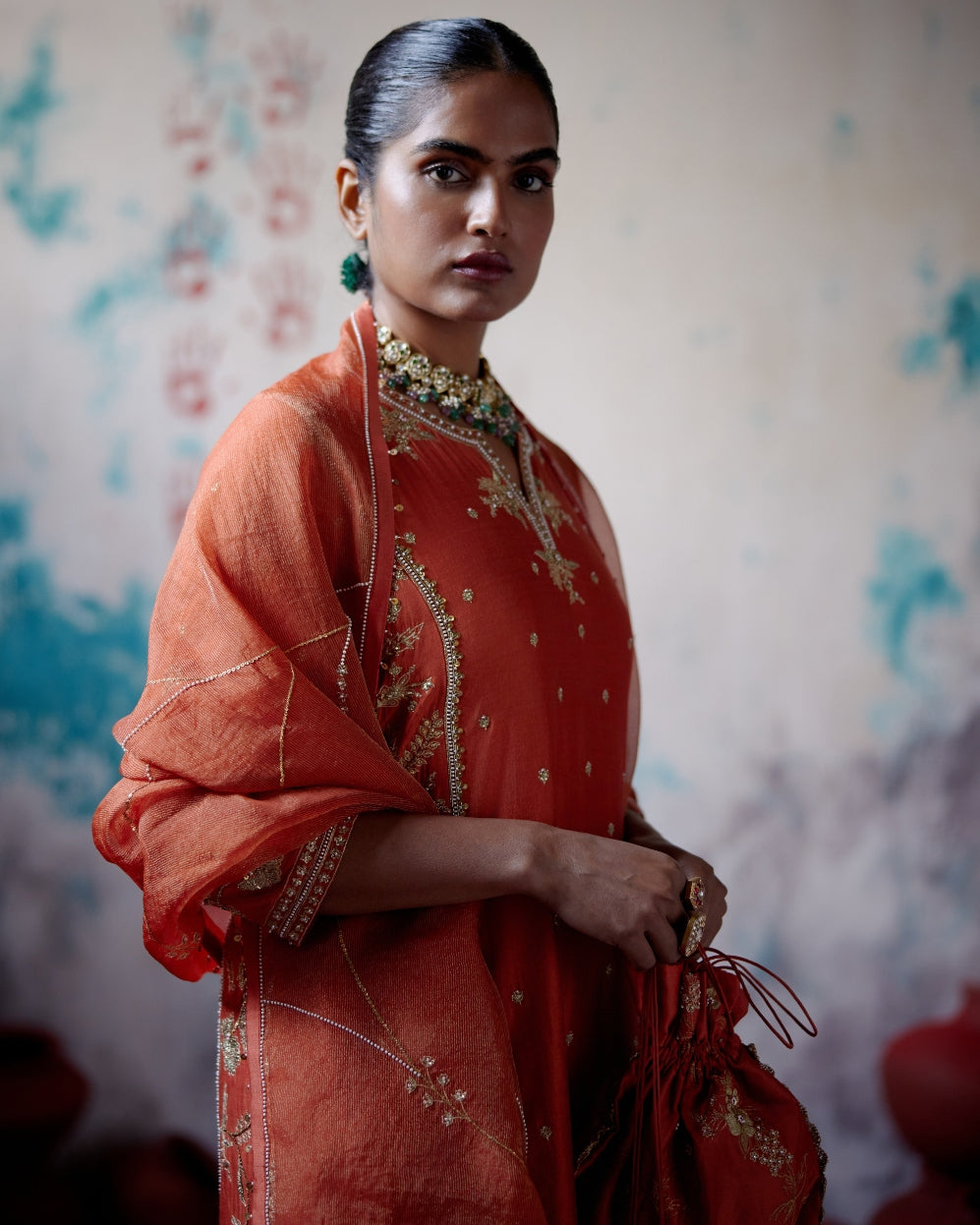 Rust Orange Panelled Straight Kurta Set