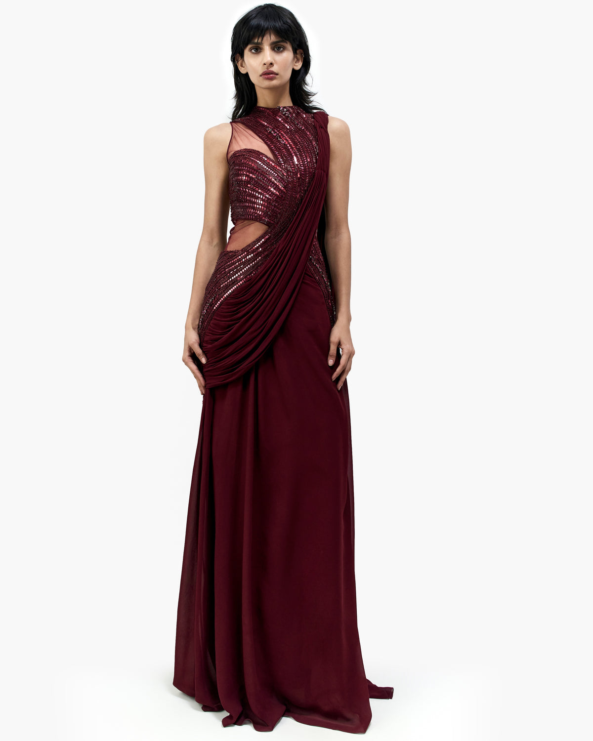 The Wine Cosmic Refraction Sari Gown