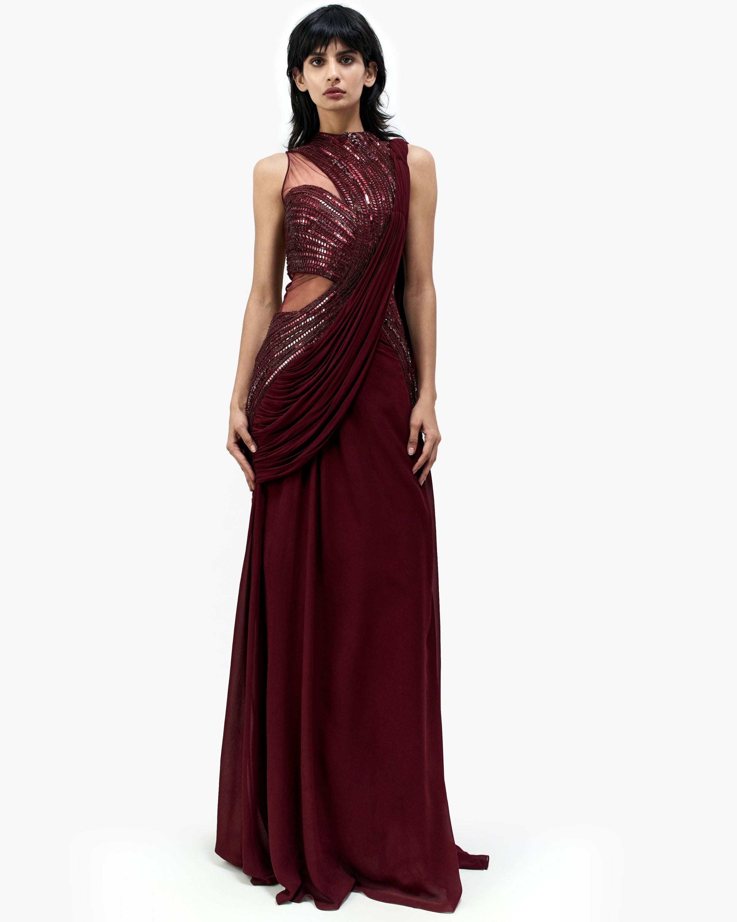 The Wine Cosmic Refraction Sari Gown