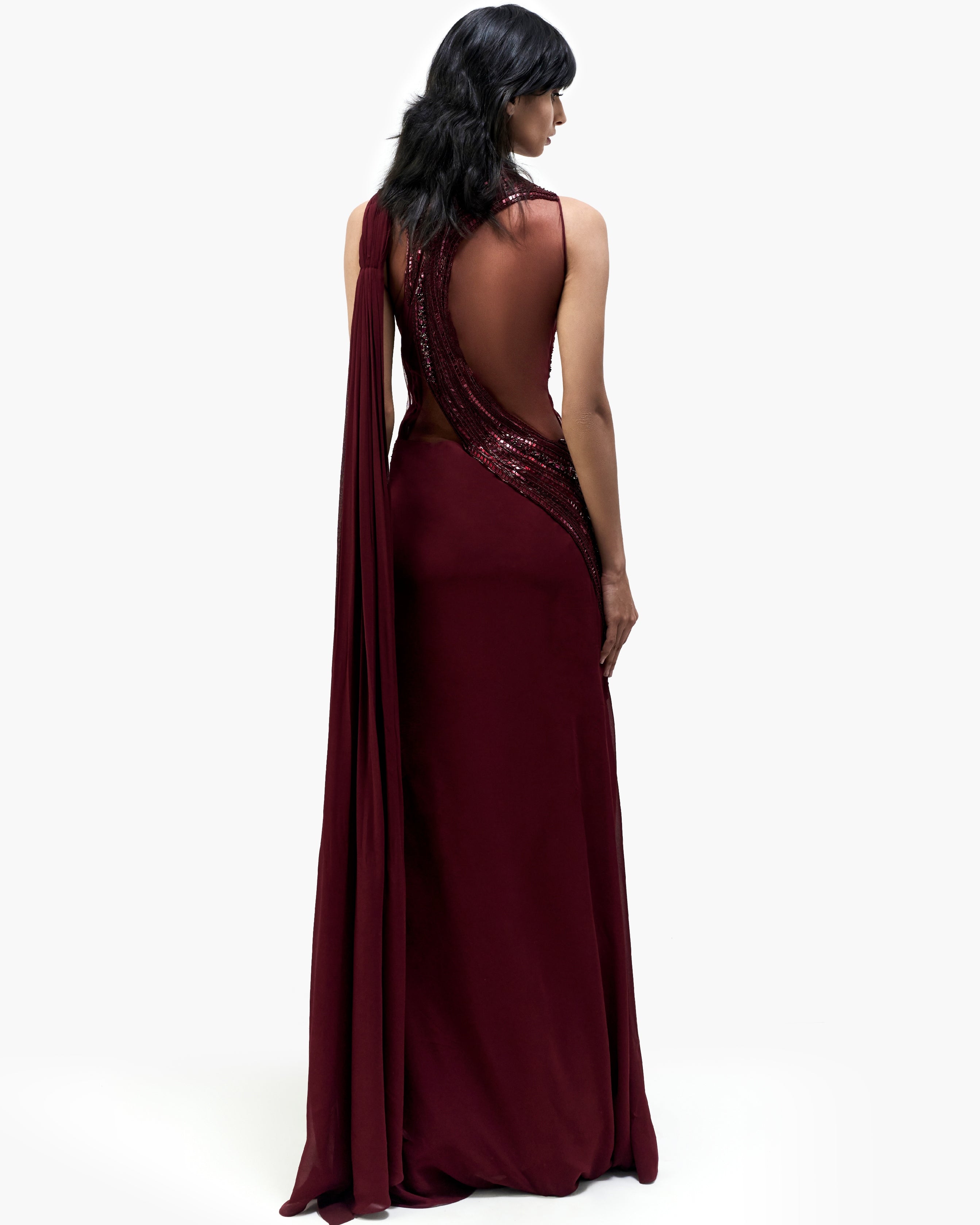 The Wine Cosmic Refraction Sari Gown
