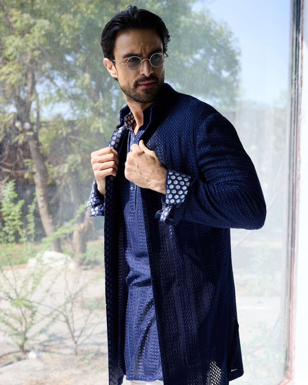 Blue Chessboard Open Short Achkan Set