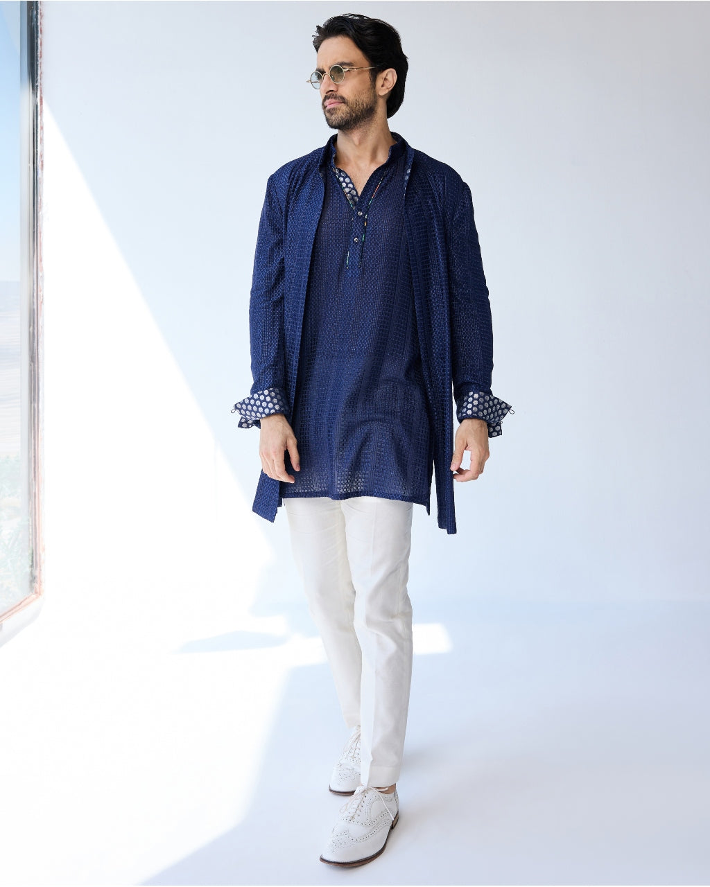 Blue Chessboard Open Short Achkan Set