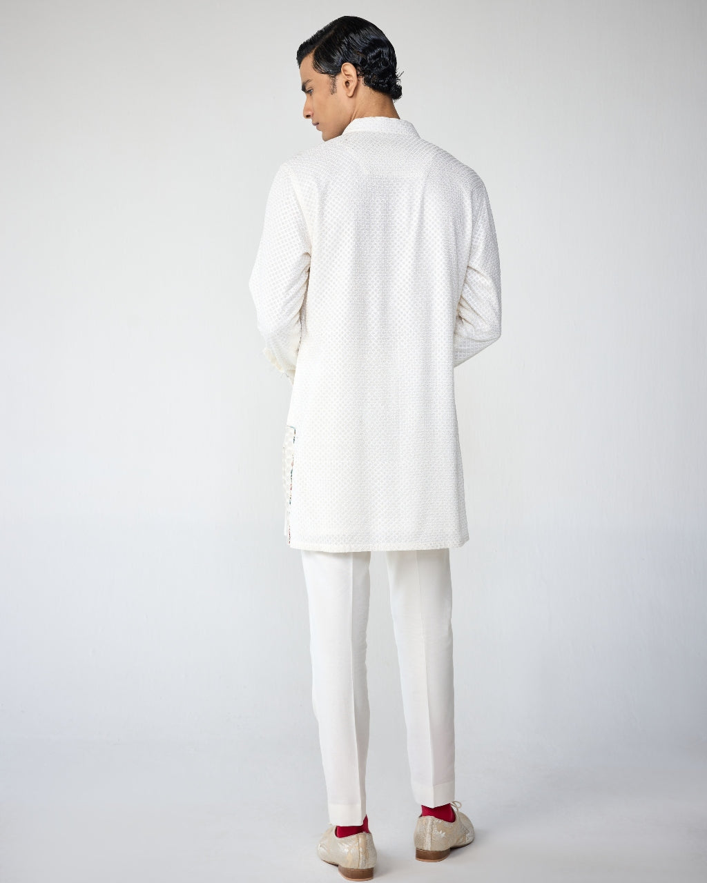 White Henley Shirt Kurta Set with Square Embroidery