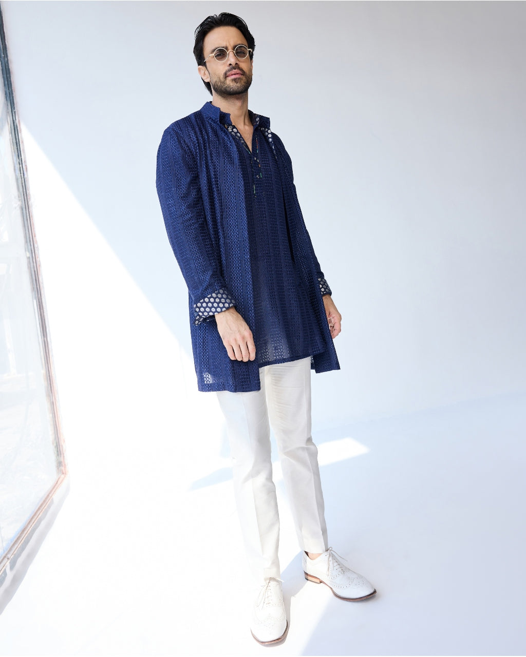 Blue Chessboard Open Short Achkan Set
