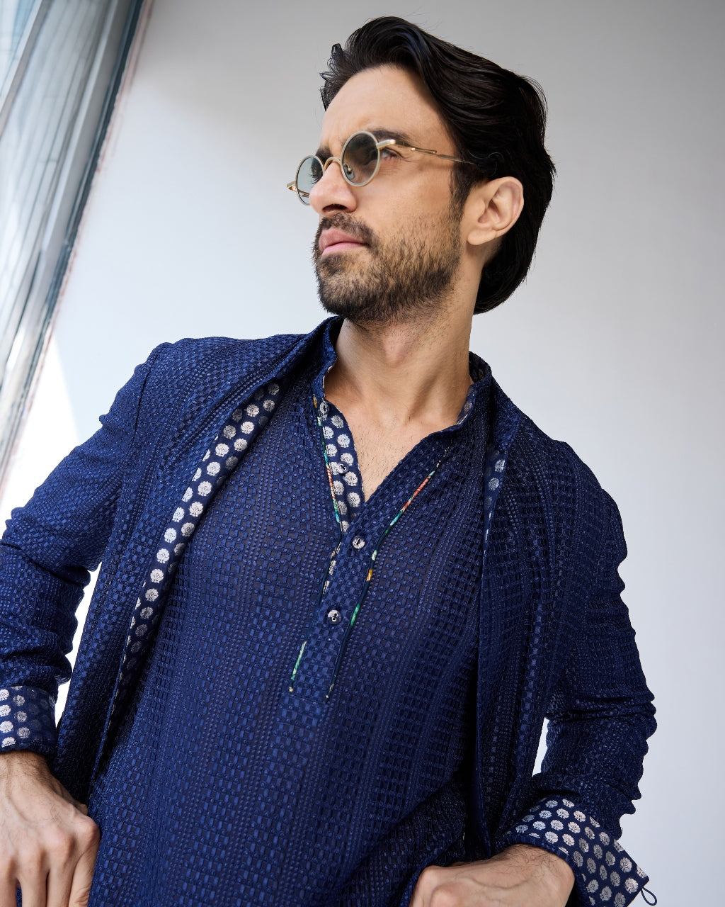 Blue Chessboard Open Short Achkan Set