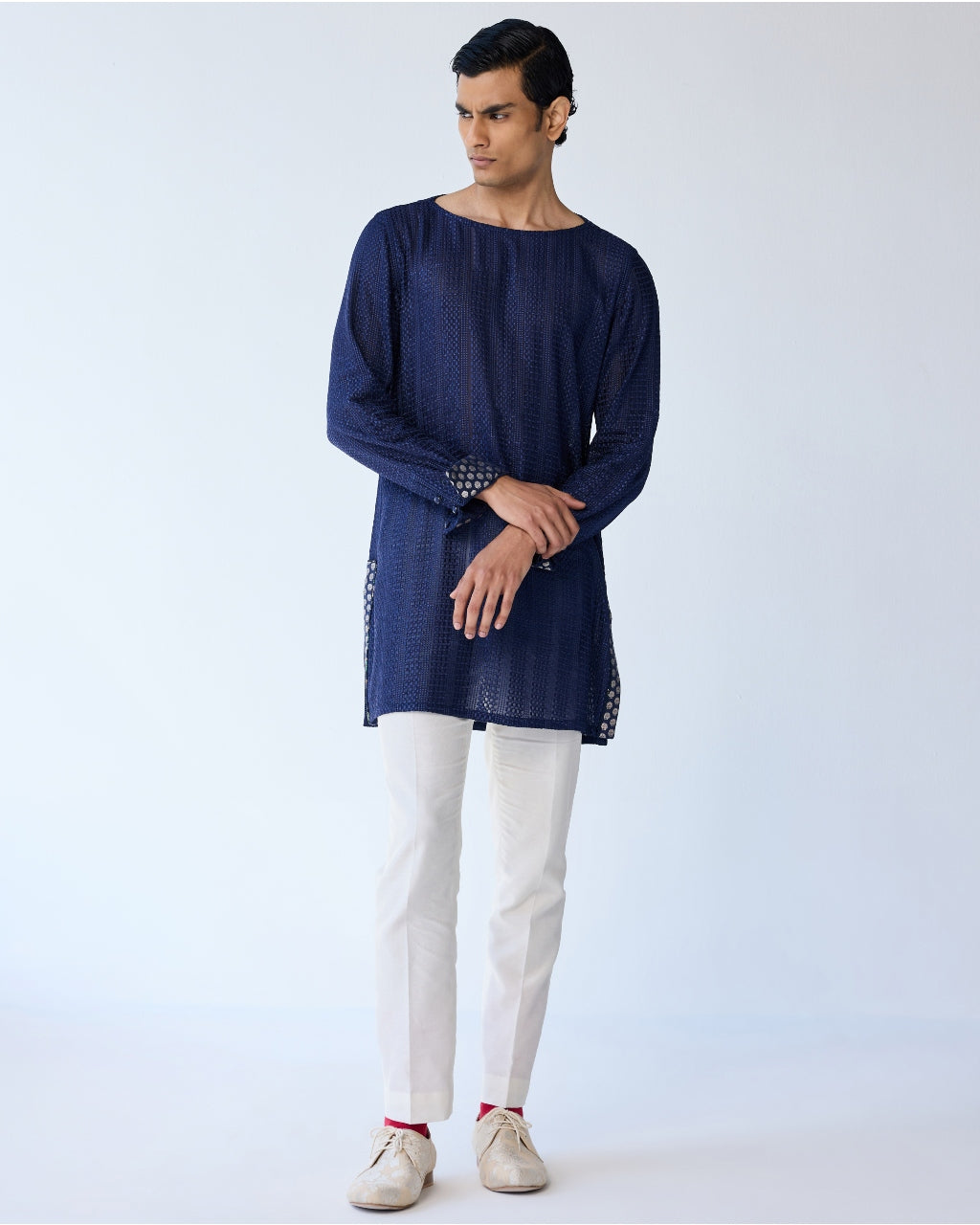 Blue Chessboard Boatneck Shirt Kurta Set