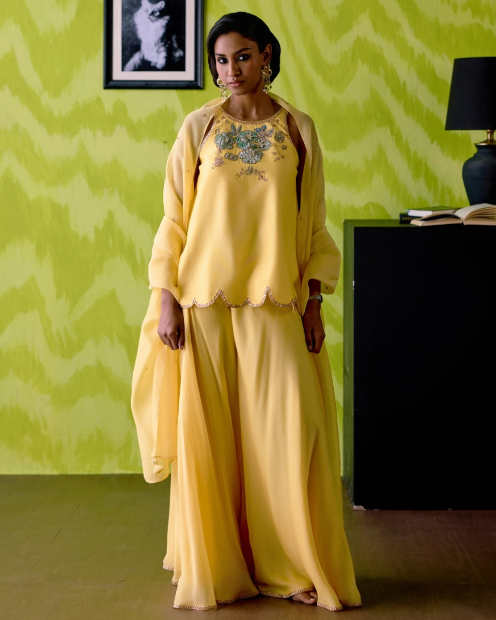 Butter Cup Yellow Halter Neck Crop Top Sharara Set