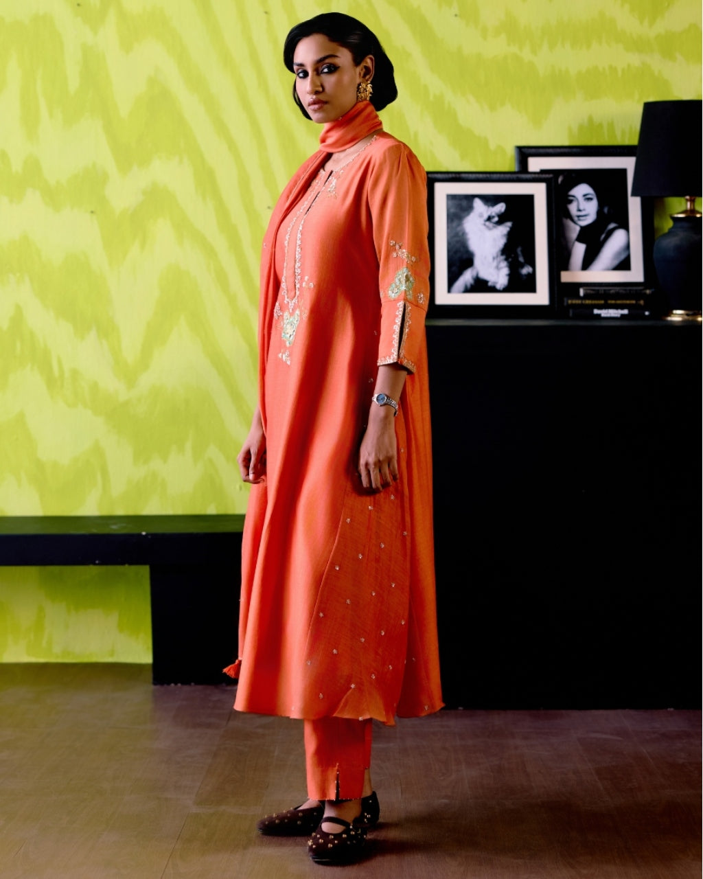 Rust Orange Side Panelled A-Line Kurta Set
