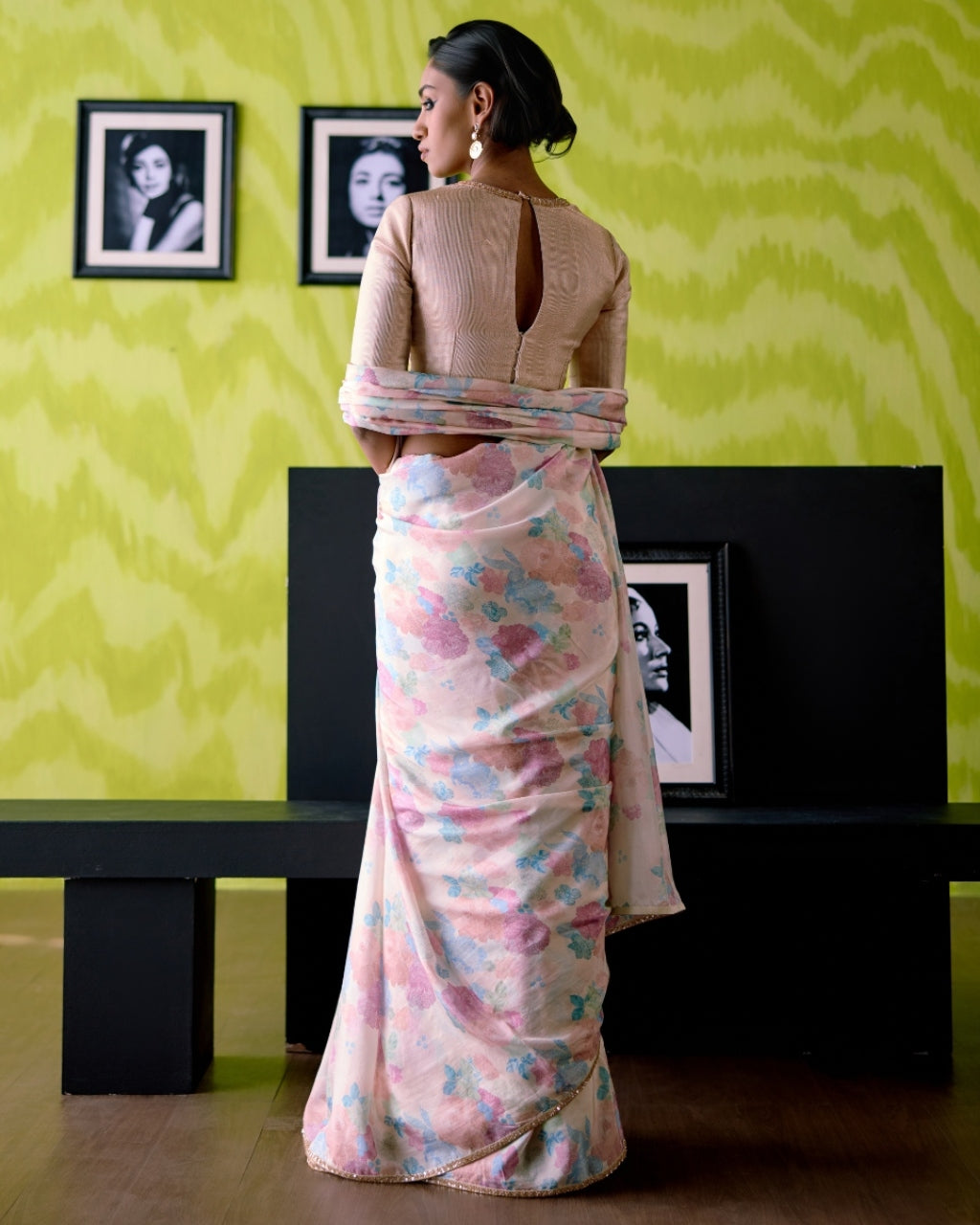 Ivory Floral Print Sari With Blouse Set