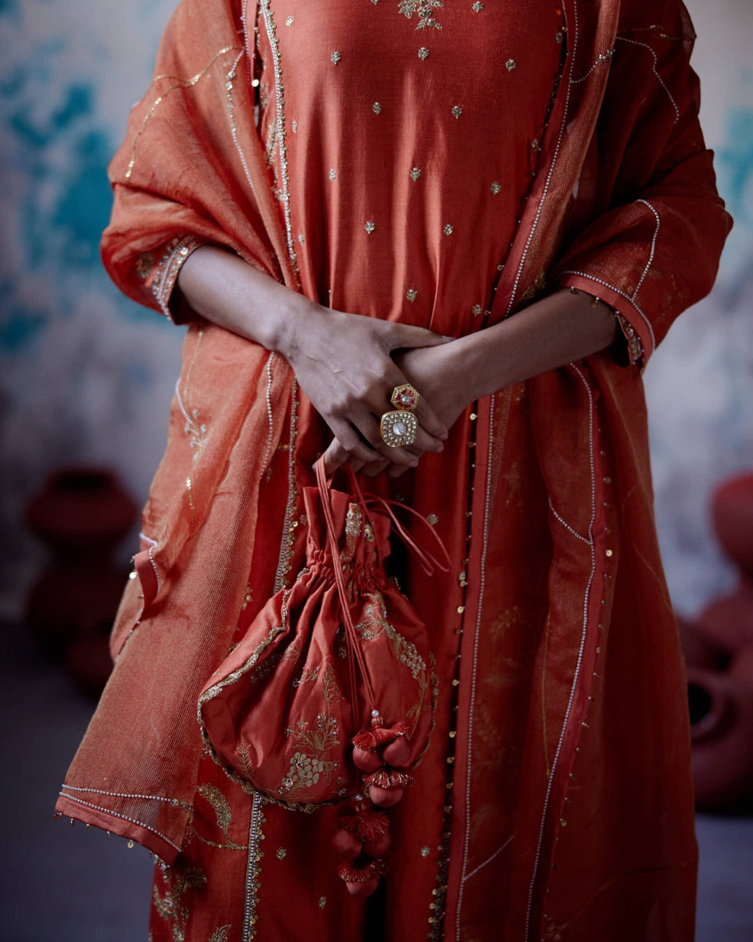 Rust Orange Panelled Straight Kurta Set